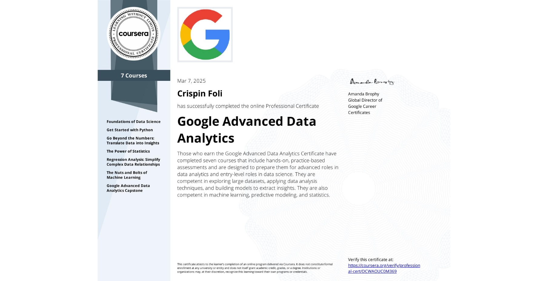 Advanced Data Analytics Professional (Google) certificate
