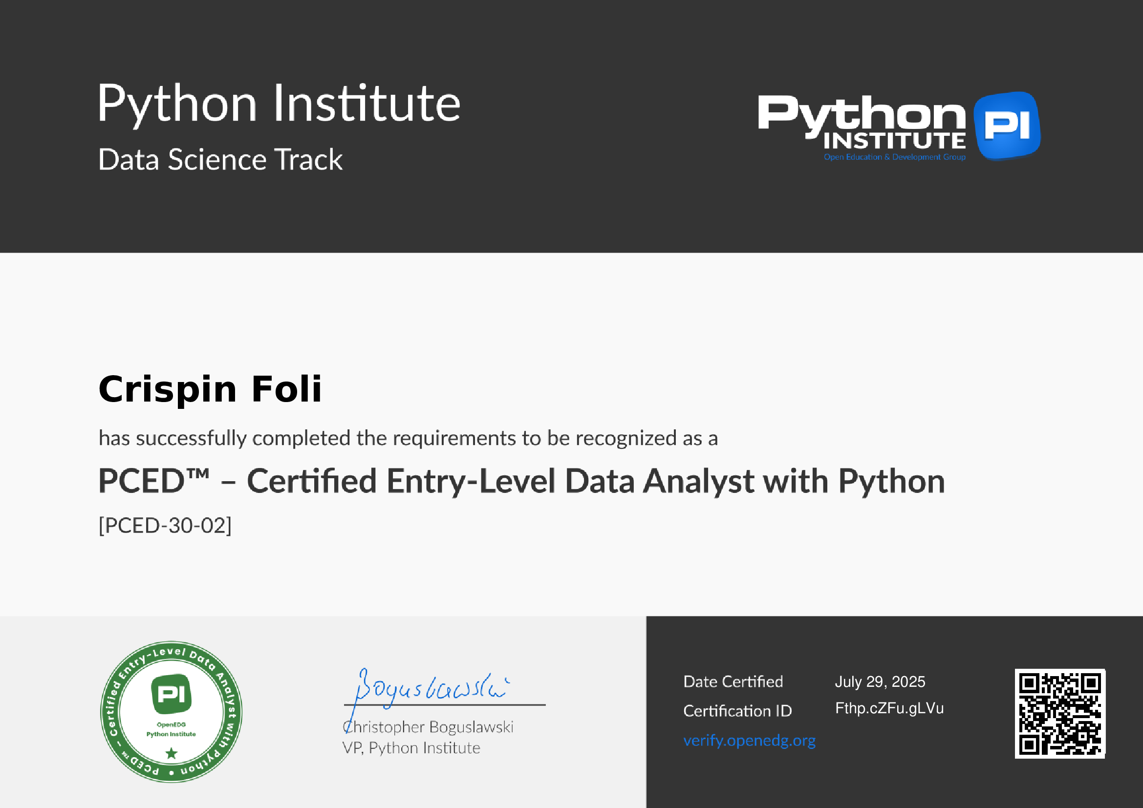 Certified Data Analyst (PCED™) certificate