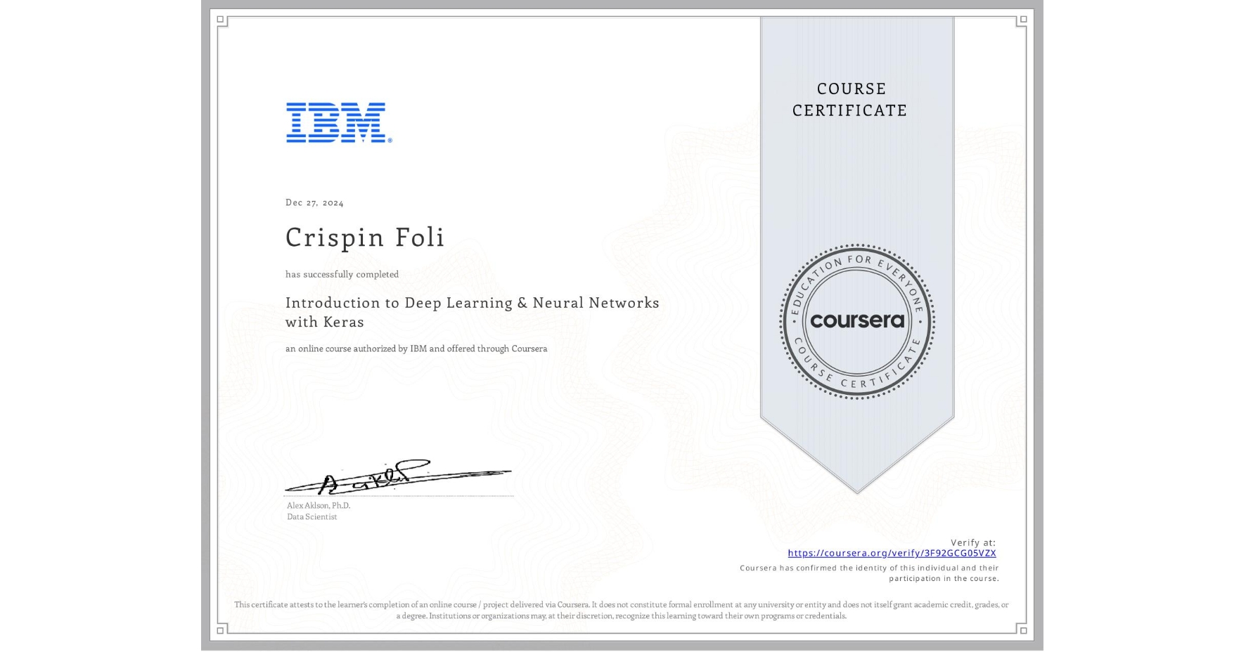 Deep Learning and Neural Networks with Keras (IBM) certificate