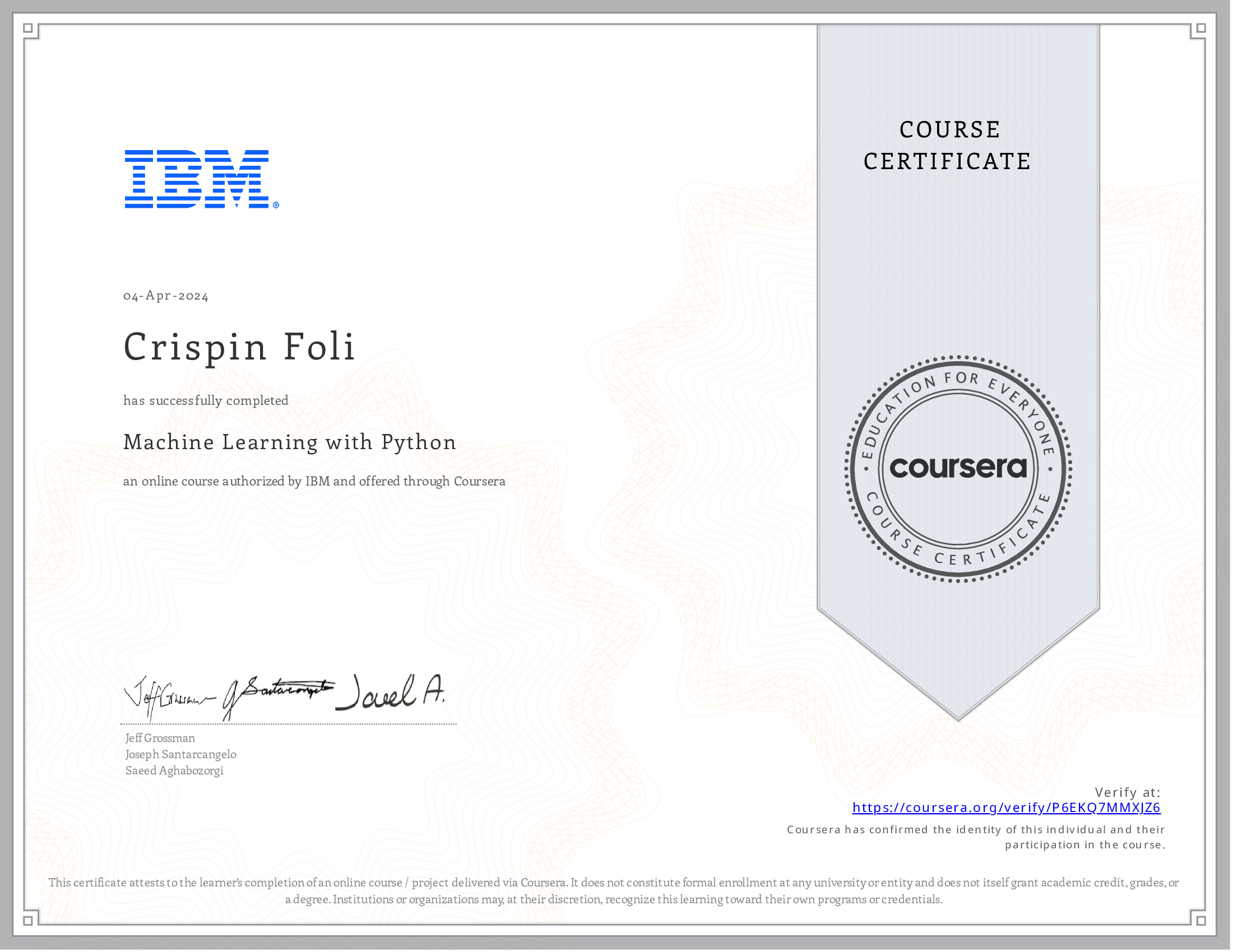 Machine Learning with Python (IBM) certificate