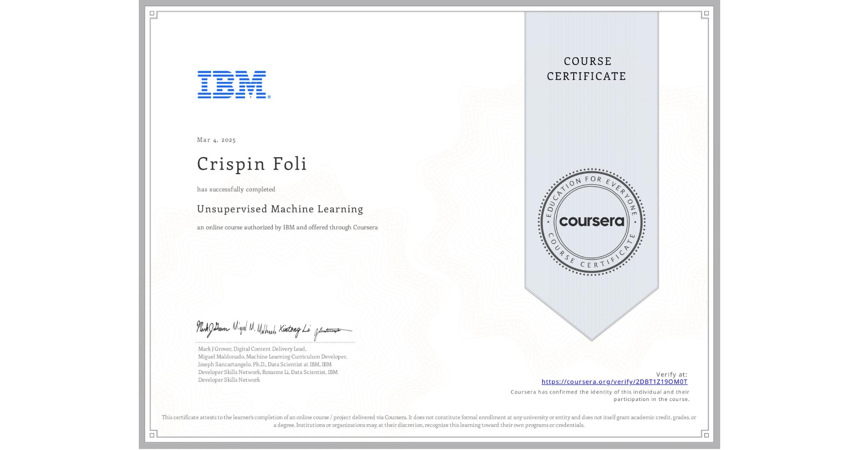 Unsupervised Machine Learning (IBM) certificate